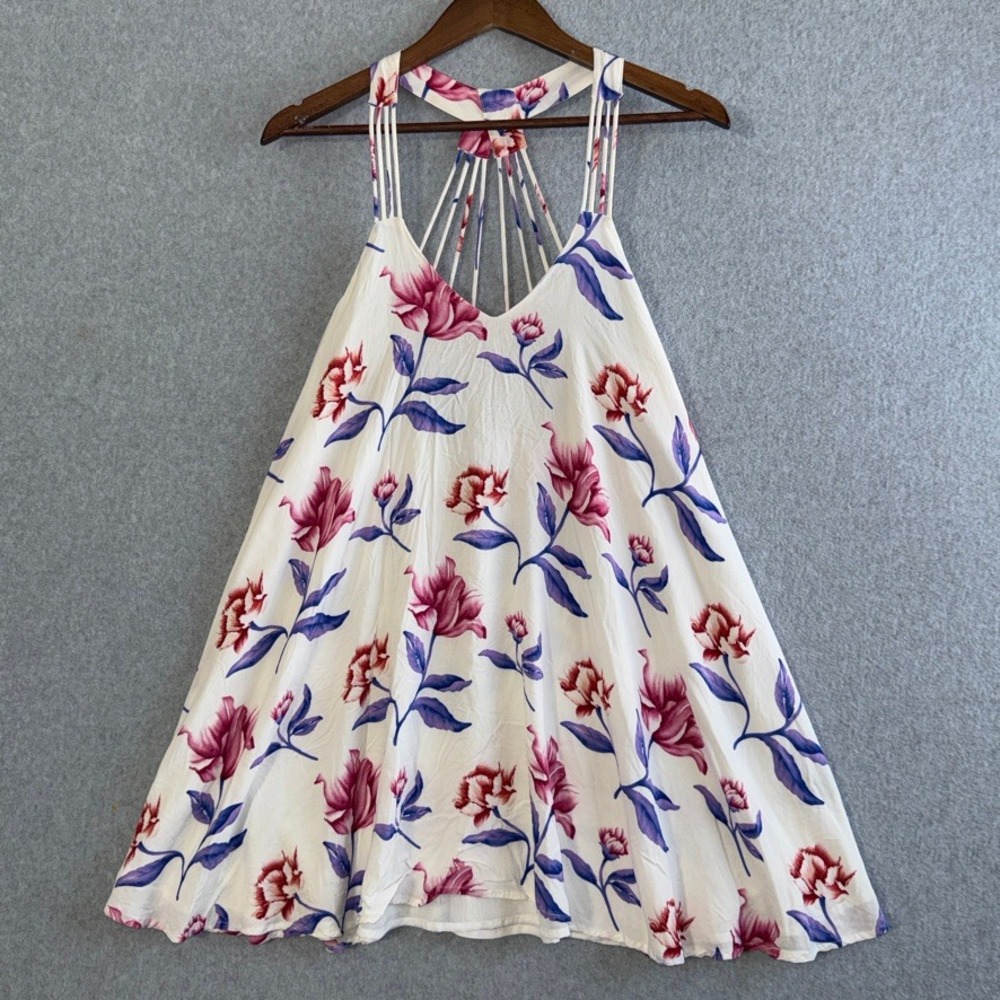 Aakaa Floral Caged Back Mini Dress White Magenta Purple Rayon